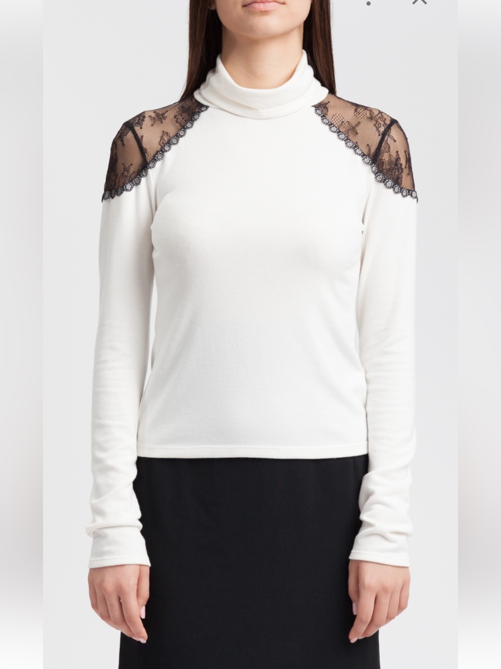 Alice + Olivia White Mock Neck Top with Black Lace Shoulders